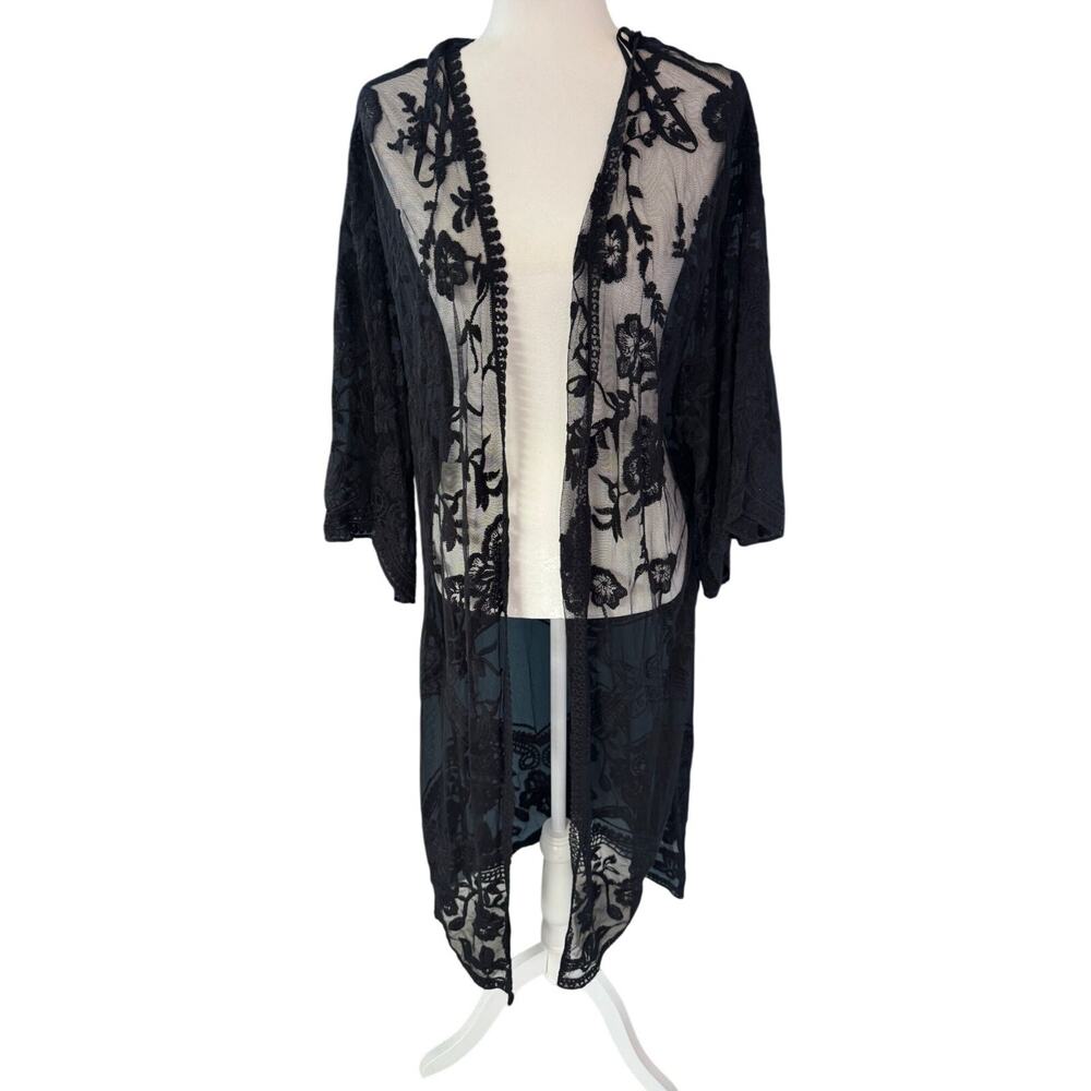 Black Sheer Floral Lace Kimono Cardigan Open Front Sz M 3/4 Sleeve Witchy